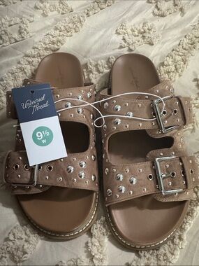 Universal Thread Taupe Studded Double-Buckle Slide Sandals
